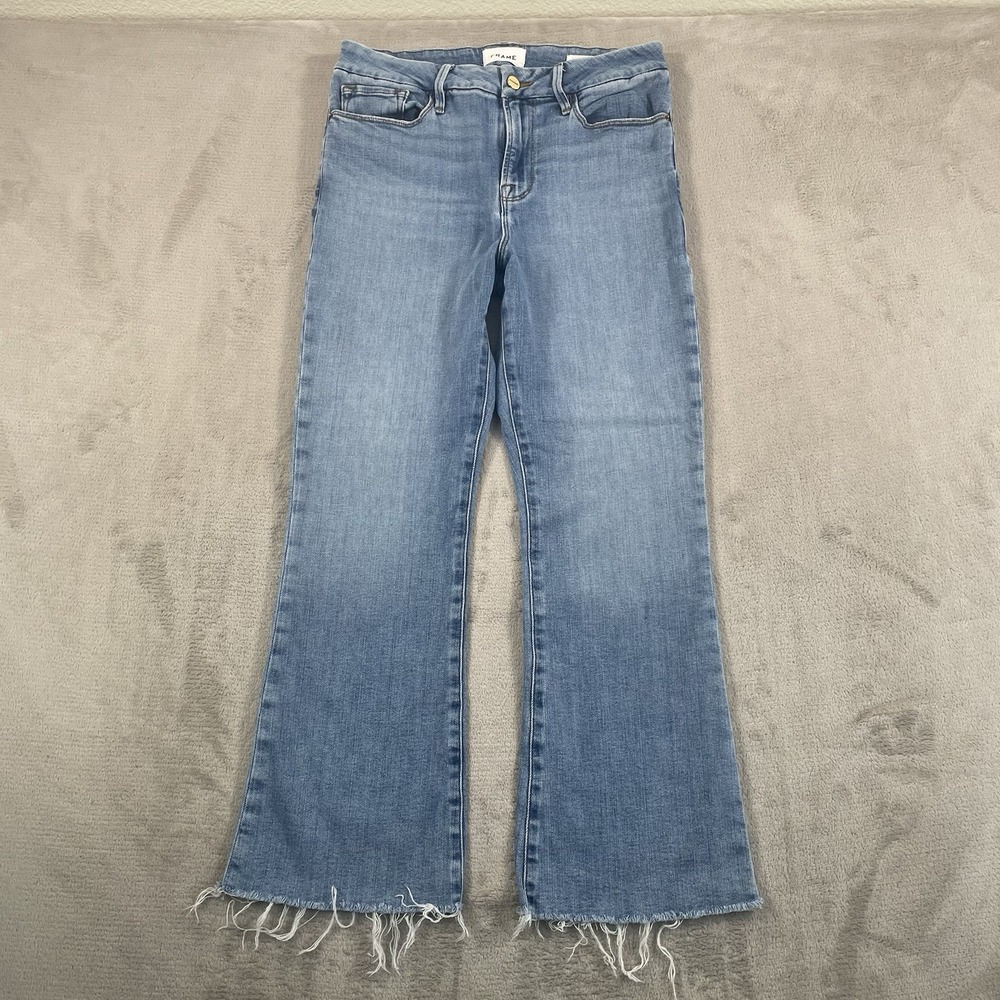 Frame Denim Le Crop Mini Boot Jeans in Tide Pool Grind Women 29 Raw Hem Flared